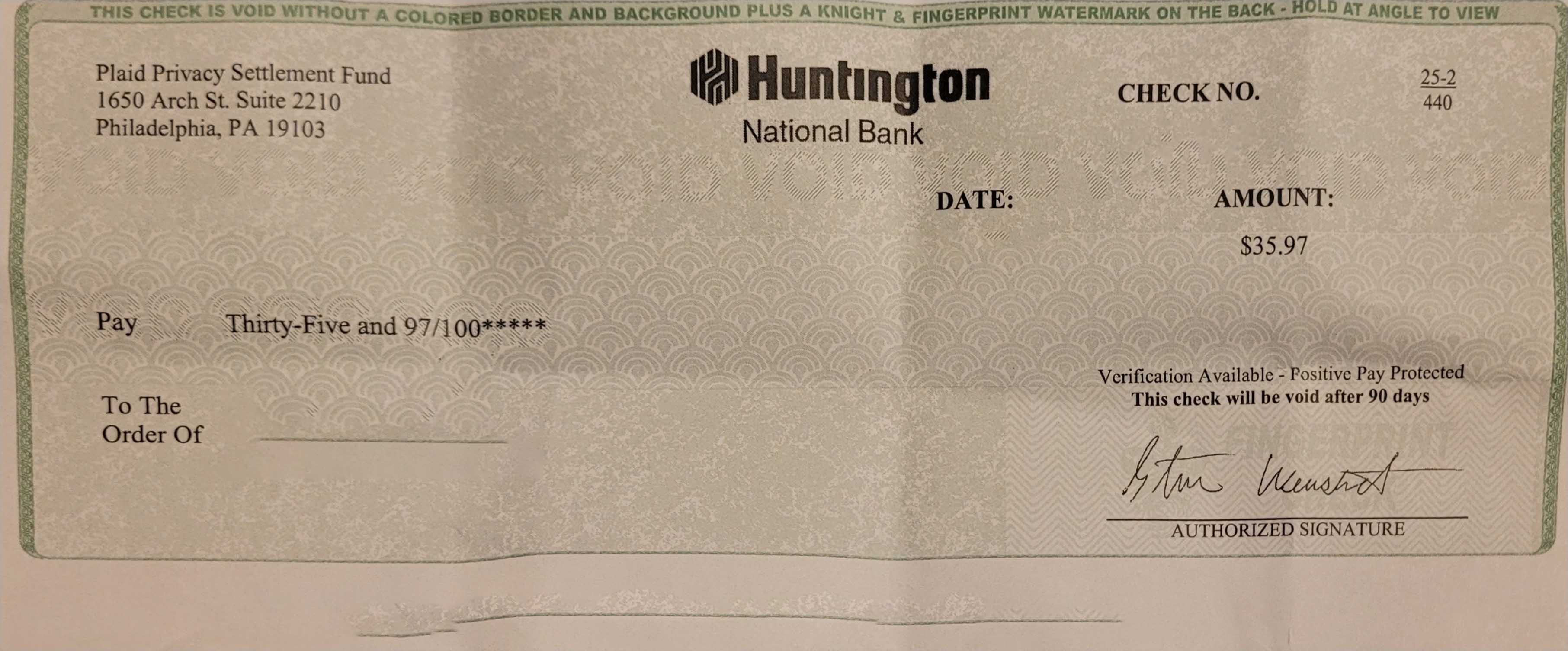 Plaid Settlement Check