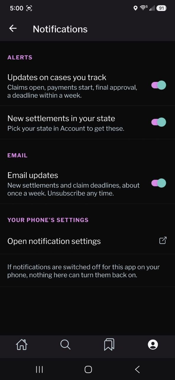 Notification settings with alerts for cases you track, new settlements in your state and weekly email updates