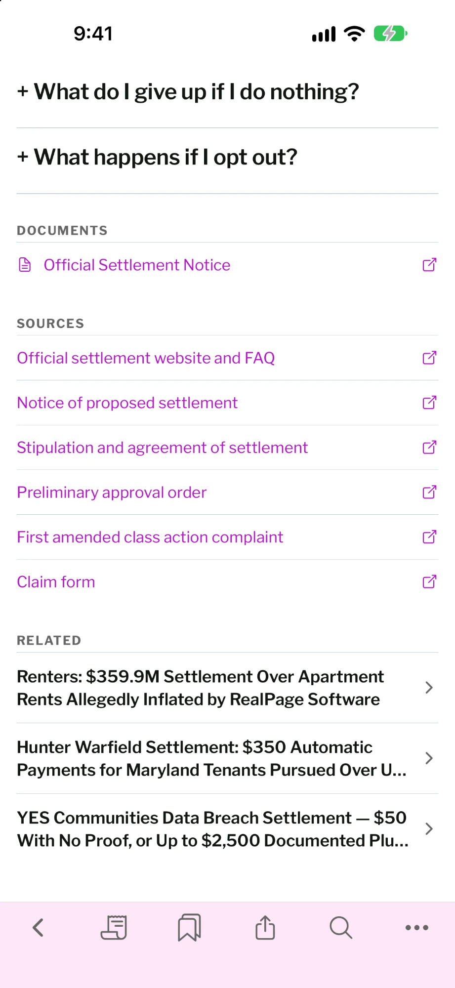 Sources section of a settlement page linking the official settlement website, the long-form notice and the court records