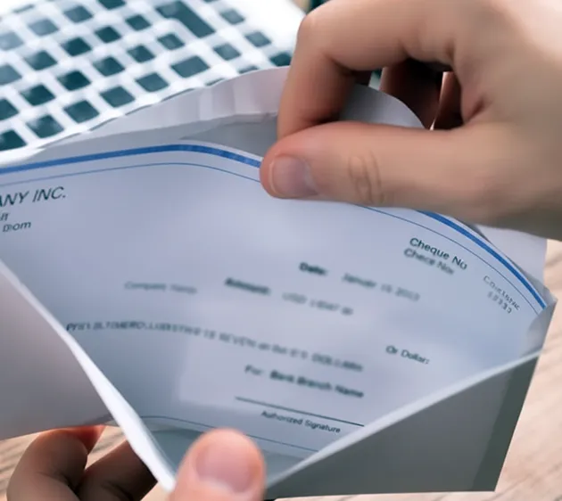 A settlement check being pulled from its mailing envelope
