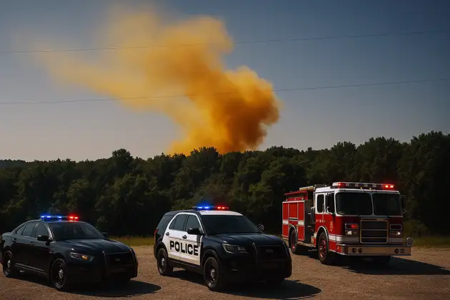 Emergency vehicles parked near a plume of chemical vapor rising over a treeline