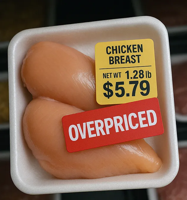 Package of raw chicken breasts with an overpriced label — chicken price-fixing settlement payment update, October 2026