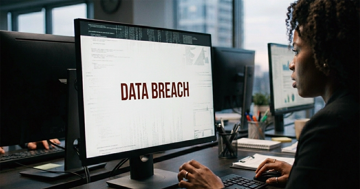Computer screen displaying a data breach warning while a person reviews what to do next