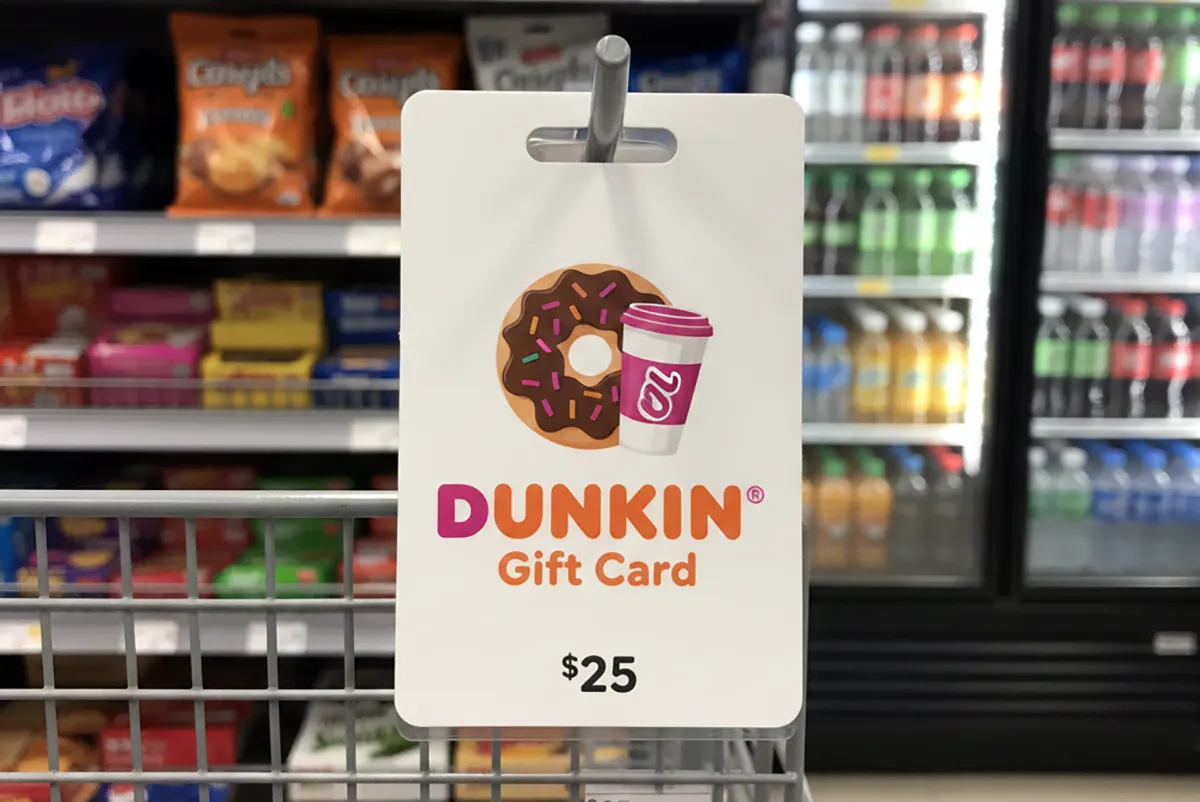 A Dunkin’ gift card in a store, representing the Dunkin’ Zero allulose lawsuit