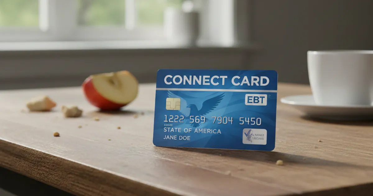 An EBT card on a kitchen table, illustrating a lawsuit over fees Aldi charges SNAP shoppers on online orders
