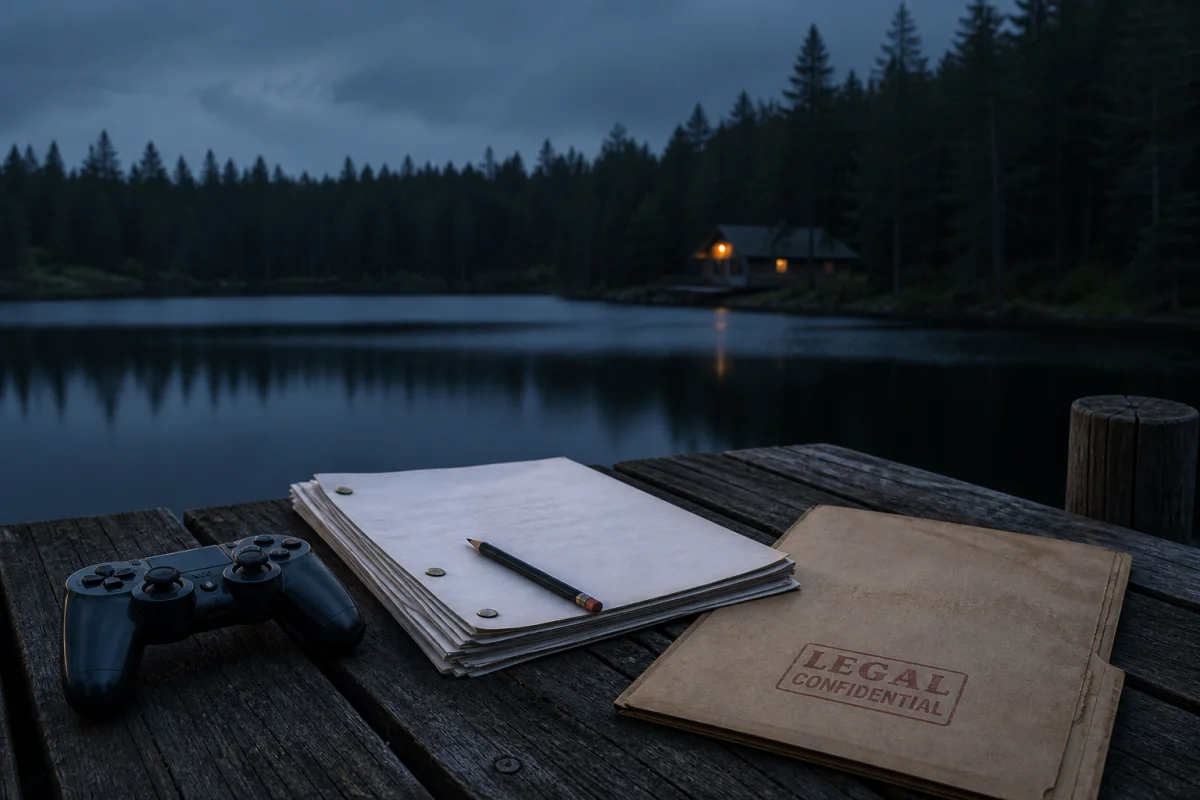 Original editorial image of a game controller, screenplay pages and legal file on a dock beside a dark forest lake