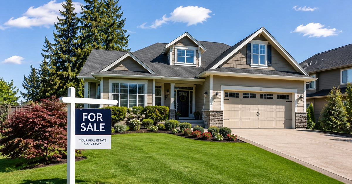 A single-family home with a for-sale sign — the Long County, Georgia class action settlement refunding fire fees charged to property owners