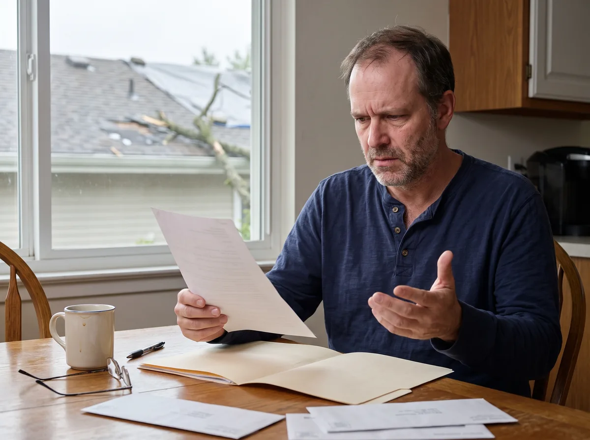 A homeowner reviews a denial letter after filing a property damage claim