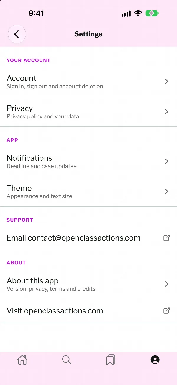 OpenClassActions app Settings screen with the Account row, labeled Sign in, sign out and account deletion, at the top under Your Account