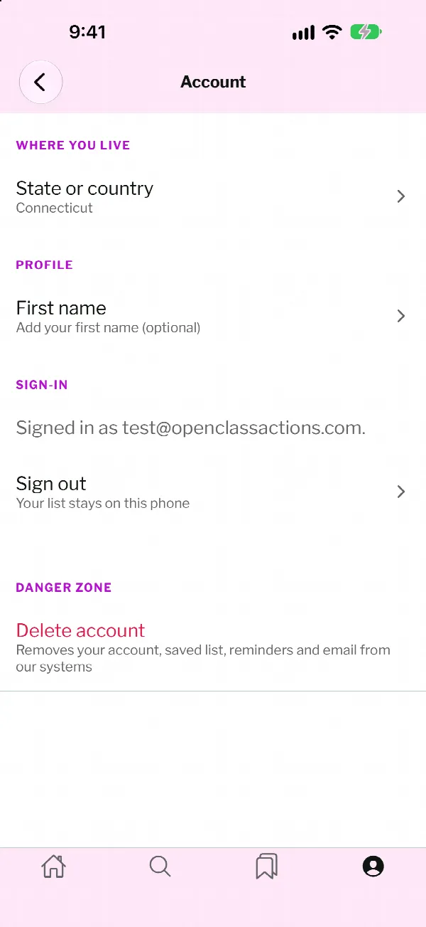 OpenClassActions app Account screen with the red Delete account row under Danger Zone at the bottom