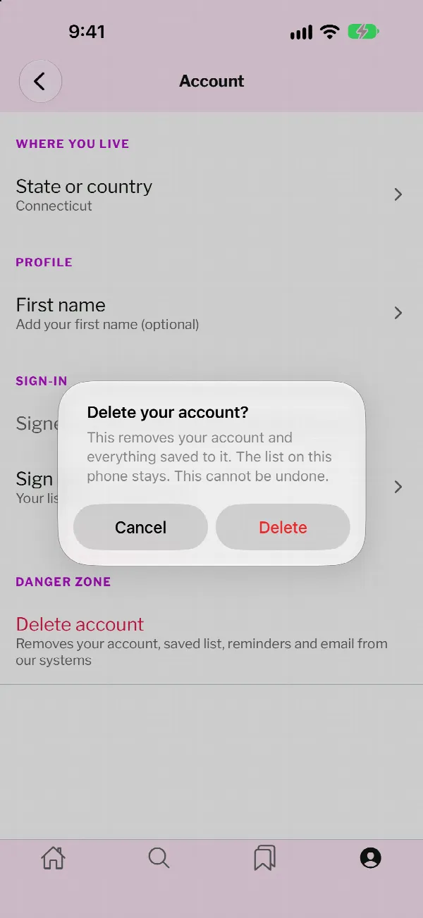 Delete your account confirmation dialog with Cancel and a red Delete button