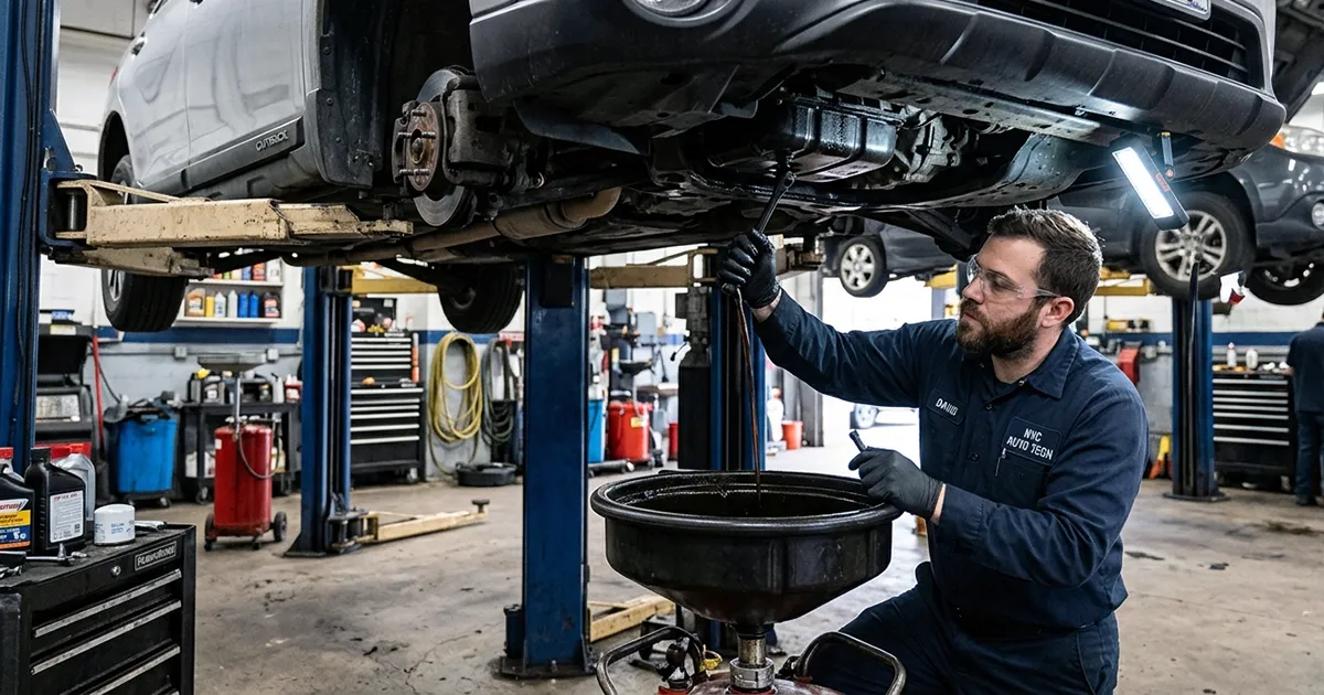 A mechanic working on a car