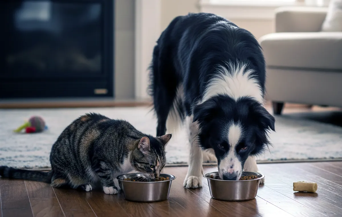 A dog and a cat feeding at home, representing the companion animal products at the center of the Elanco Animal Health SEC Fair Fund
