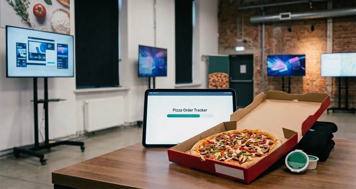 An open pizza box on a table beside a tablet showing a pizza order tracker