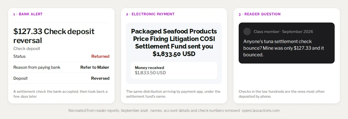 Three recreated notifications from tuna settlement class members in September 2026: a bank alert reading $127.33 check deposit reversal, returned, Refer to Maker; a payment-app notice reading Packaged Seafood Products Price Fixing Litigation COSI Settlement Fund sent you $1,833.50 USD, money received; and a forum post asking whether anyone's tuna settlement check bounced, mine was only $127.33 and it bounced.