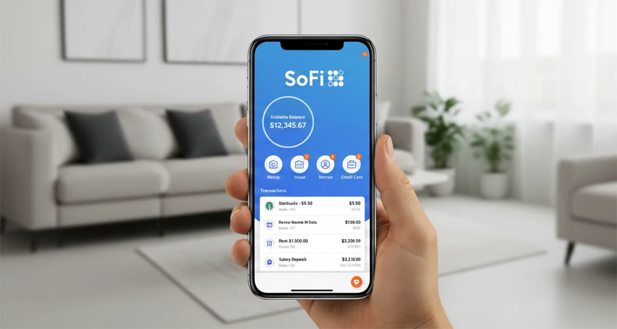 A hand holding a phone showing the SoFi app with an account balance