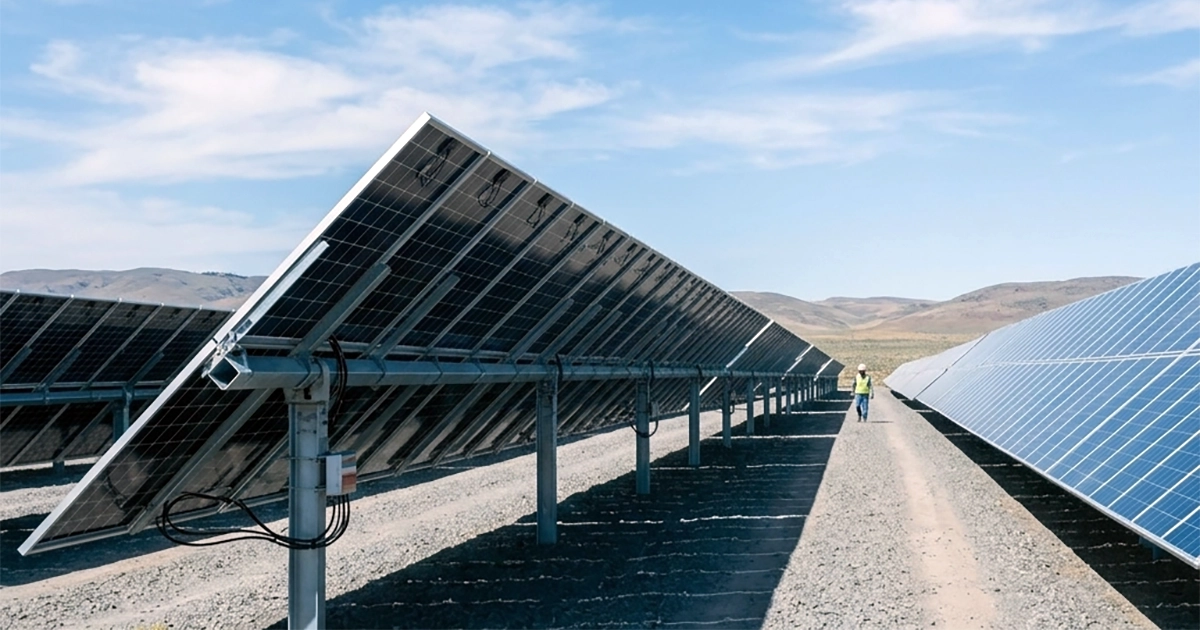 Rows of solar panels at a utility-scale solar farm with a worker walking between them