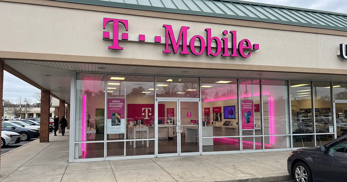 The front of a T-Mobile store with magenta signage
