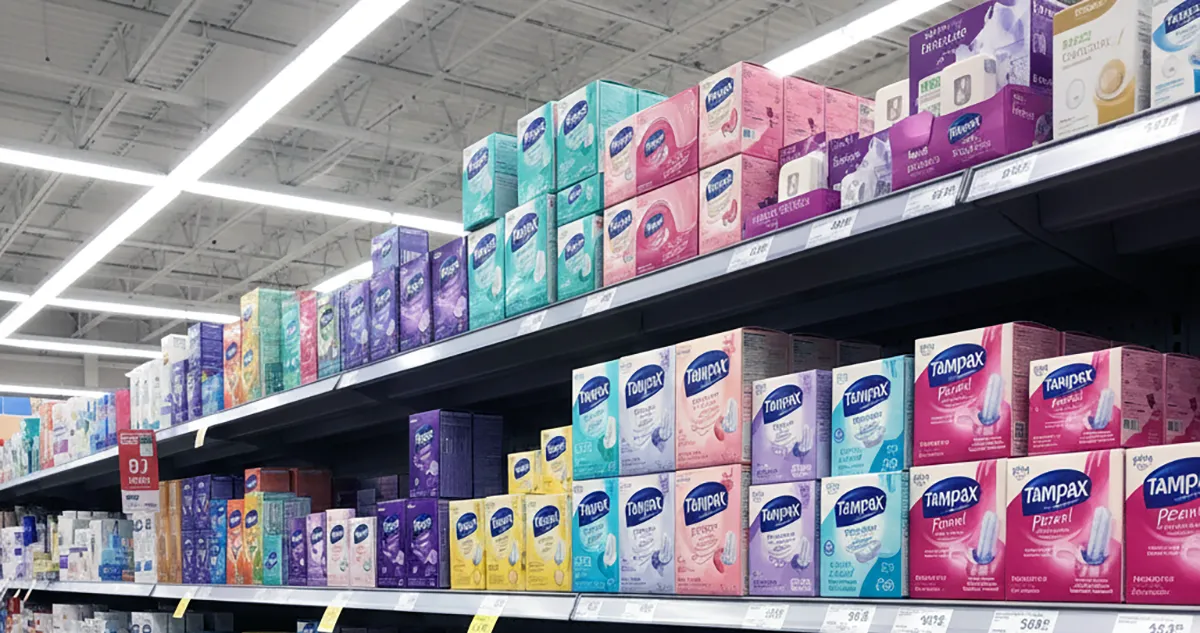 Boxes of Tampax tampons on a store shelf