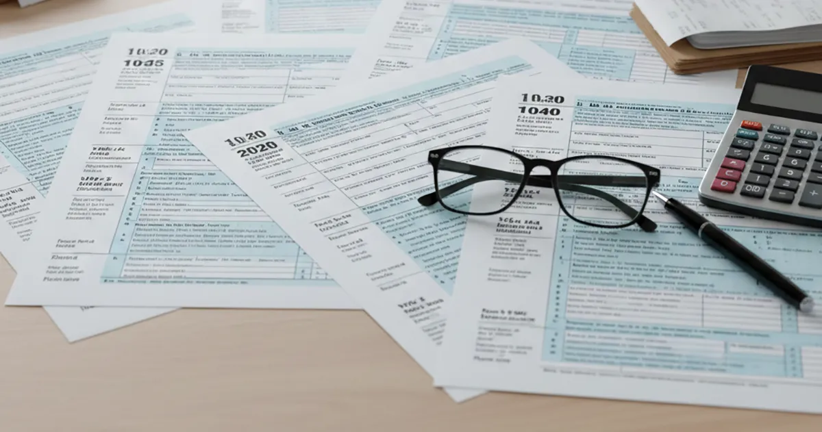 Tax forms, calculator and glasses illustrating federal tax questions about class action settlement checks