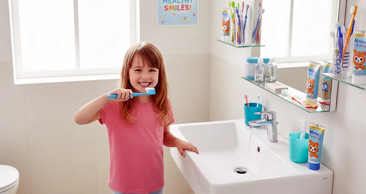 Young girl brushing her teeth at a bathroom sink with children’s toothpaste tubes on the shelf