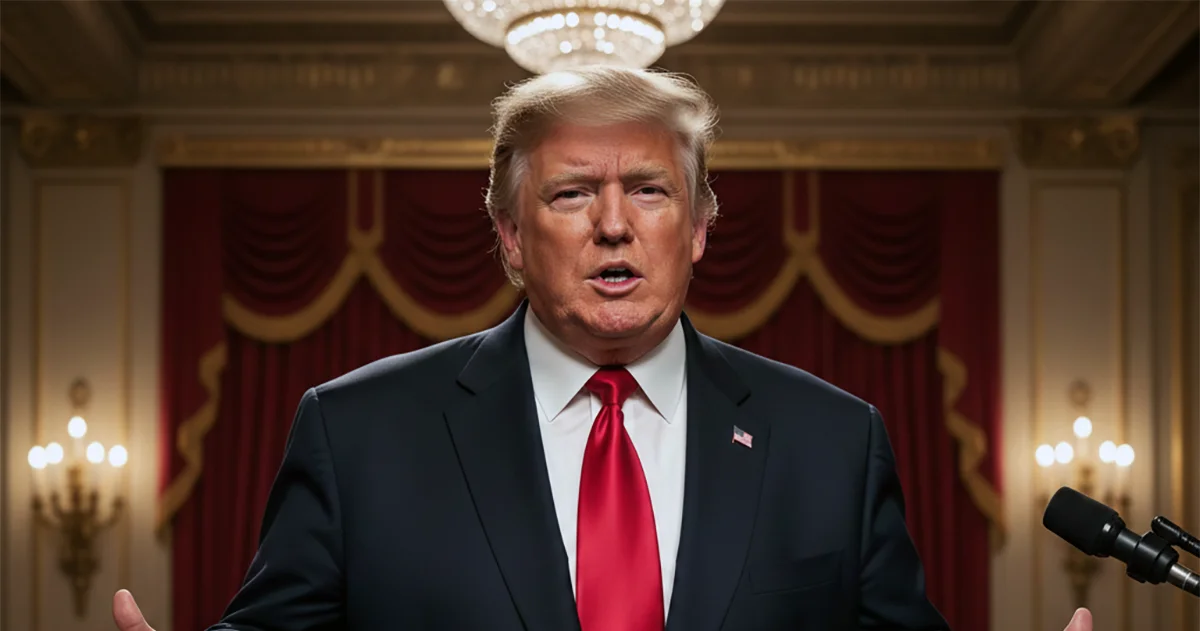 Illustration of President Donald Trump standing at a podium in a formal room