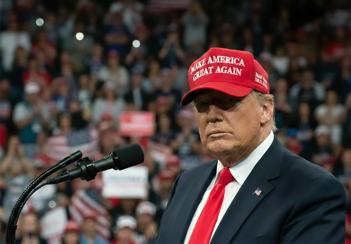 President Donald J. Trump at a microphone — the named defendant in the White House press ban lawsuit