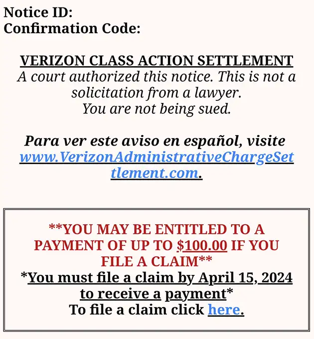 100M Verizon Administrative Charge Class Action Settlement