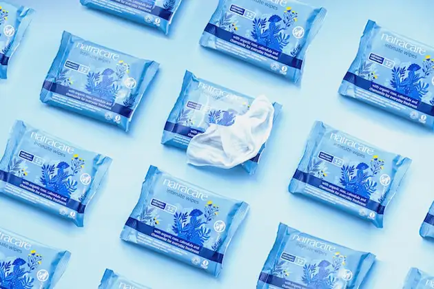 A package of flushable wet wipes, illustrating the class action over Dude Wipes plant-based and hypoallergenic label claims